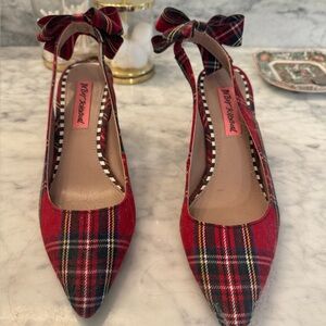 Betsey Johnson Red Heels with Tartan Design and Bow